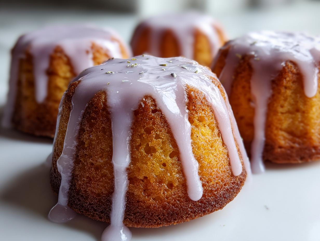 Close-up of freshly baked mini lemon cakes with a thick, dripping lavender glaze and sprinkled lavender buds.
