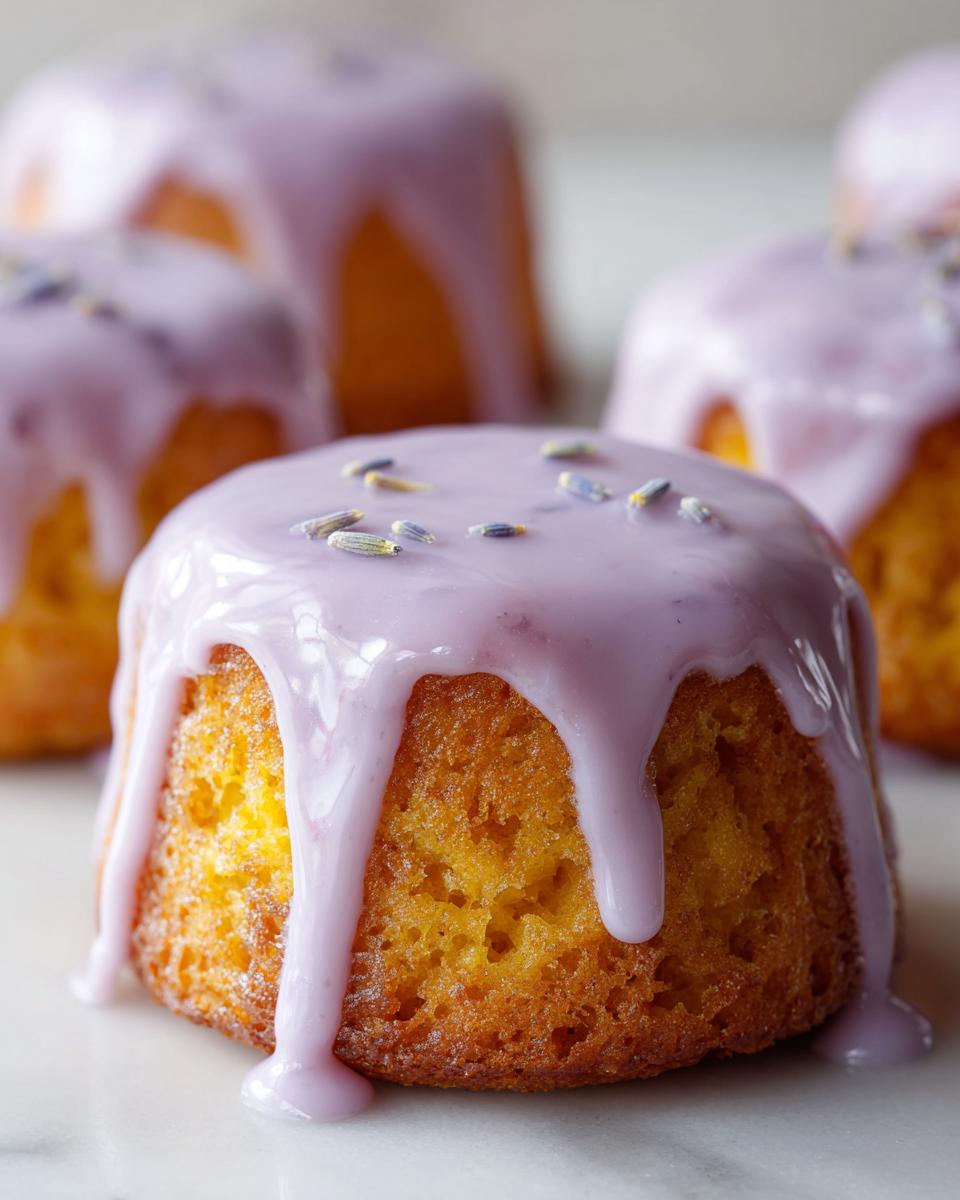 Close-up of one of the mini lemon cakes with lavender glaze dripping down the sides, topped with dried lavender buds.