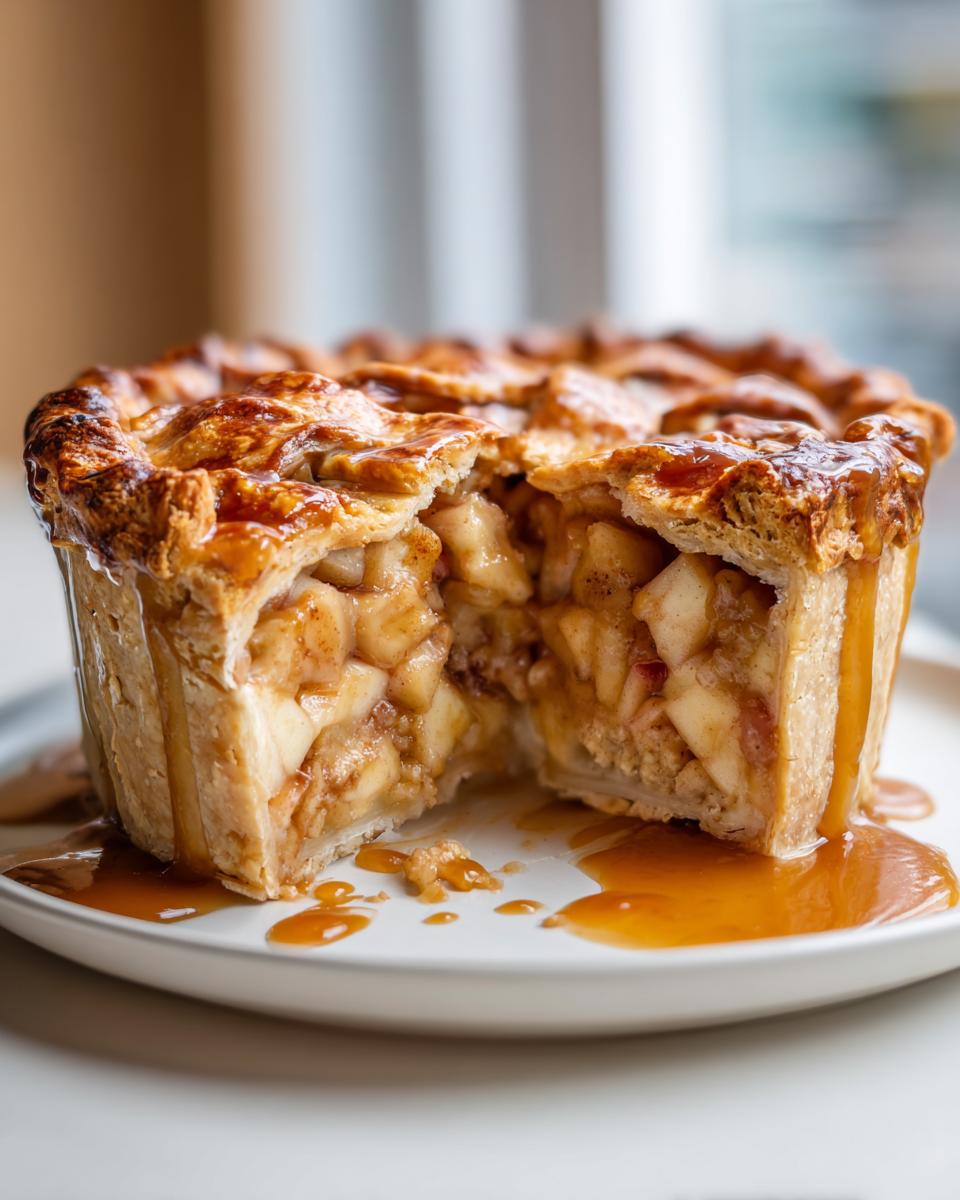 A cross-section view of a small, individual miso caramel apple pie showing the chunky apple filling and flaky crust, drizzled with caramel.