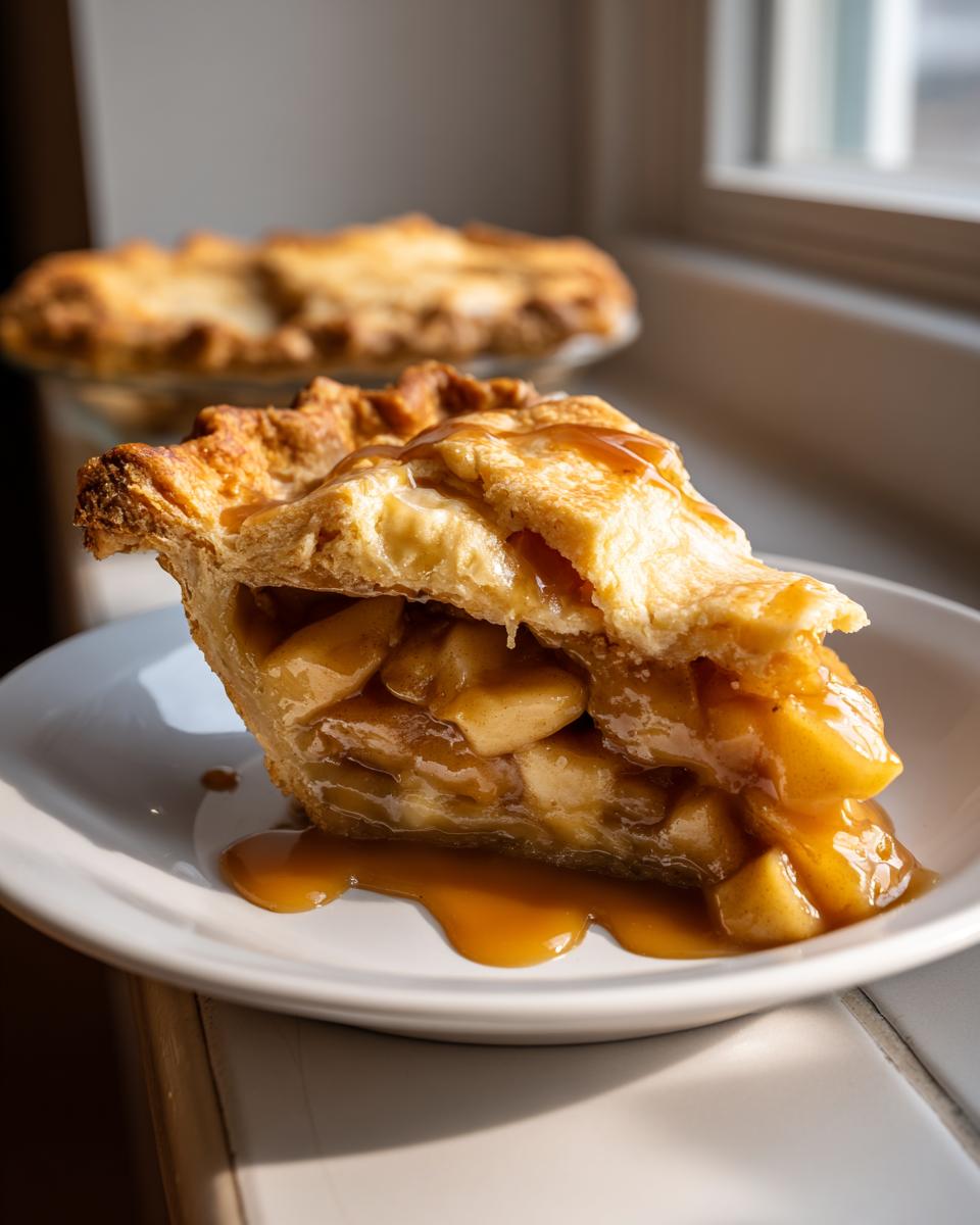 A close-up of a slice of miso caramel apple pie showing gooey filling and flaky crust, drizzled with caramel.