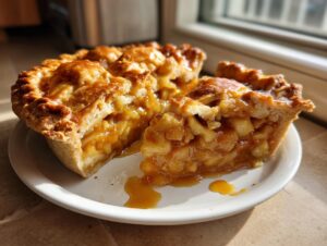 A slice of rich miso caramel apple pie showing thick apple filling and flaky crust, served on a white plate.