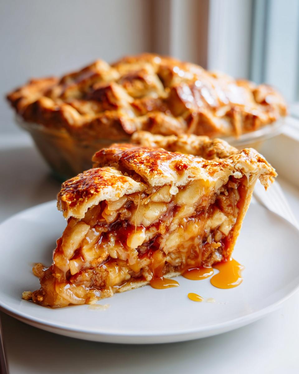 A thick slice of miso caramel apple pie showing layers of filling and dripping caramel sauce on a white plate.