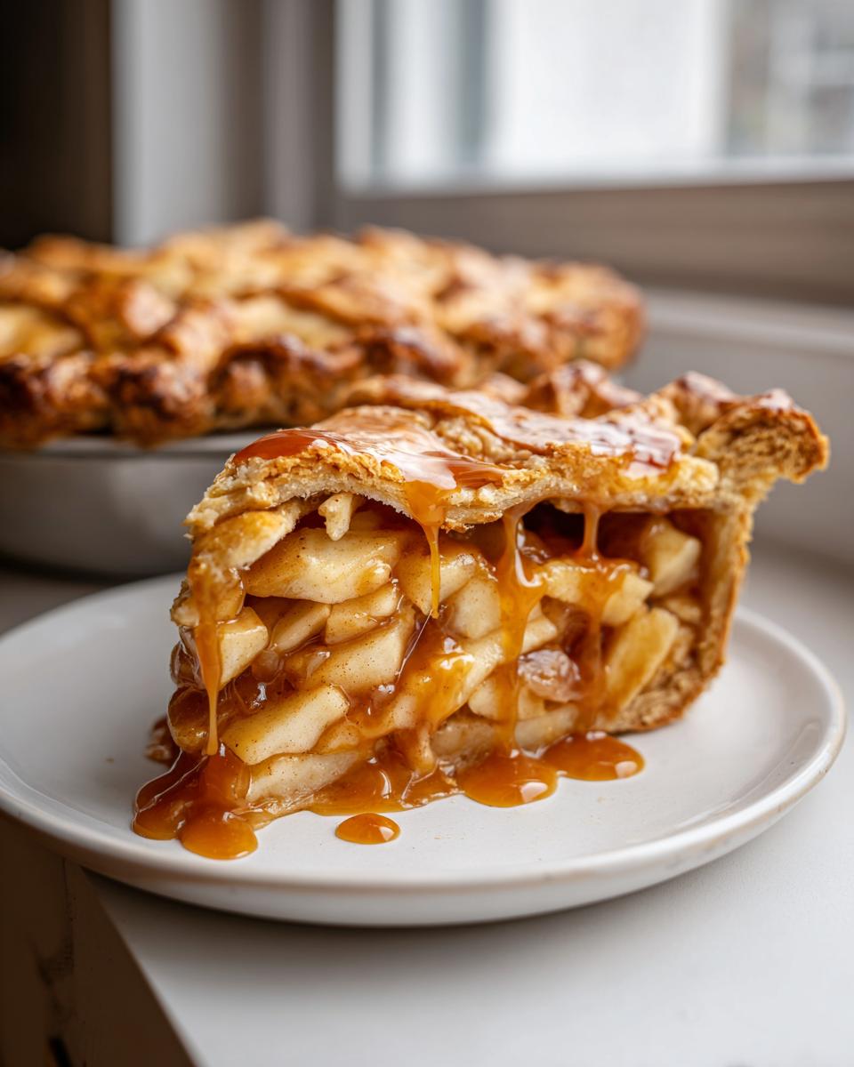 A generous slice of miso caramel apple pie showing thick apple filling and lattice crust, drenched in dripping caramel sauce.