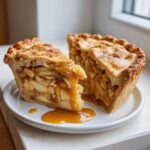 A close-up of a slice of miso caramel apple pie, showing rich apple filling and gooey caramel sauce dripping onto a white plate.