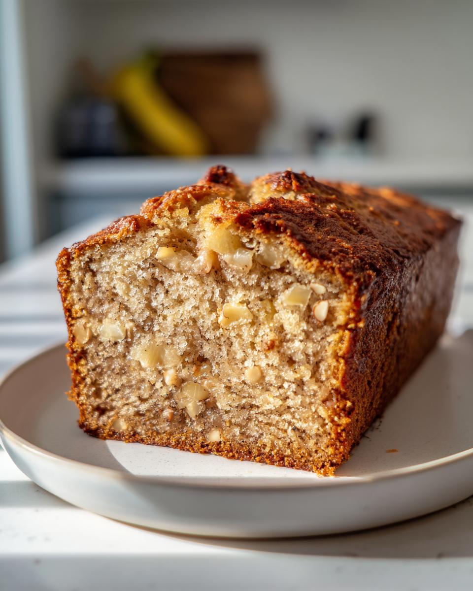 A close-up of a freshly baked loaf of moist Hawaiian banana bread, showing nuts embedded in the crumb.