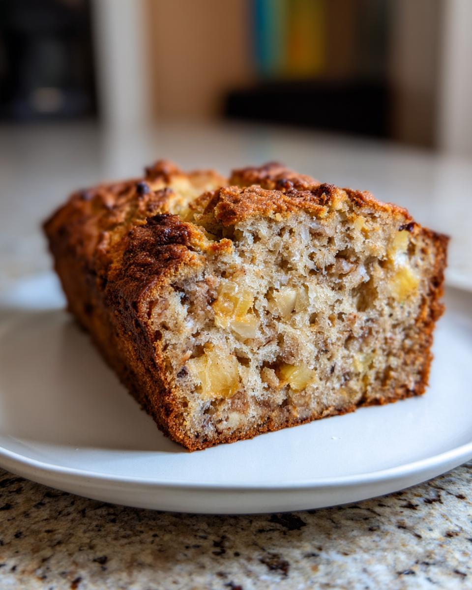 A close-up of a moist slice of Hawaiian banana bread showing chunks of pineapple and nuts inside.