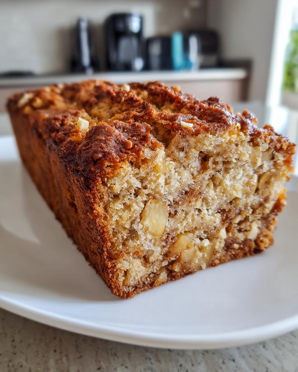 A close-up of a moist slice of Hawaiian banana bread showing a rich, nutty interior on a white plate.