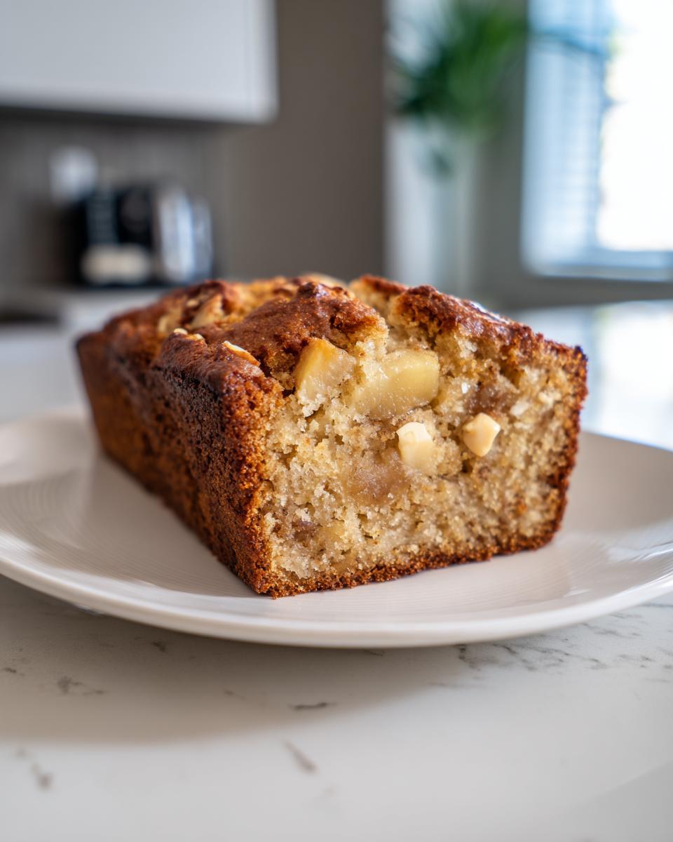 A close-up of a moist slice of hawaiian banana bread, showing chunks of banana and white macadamia nuts, served on a white plate.