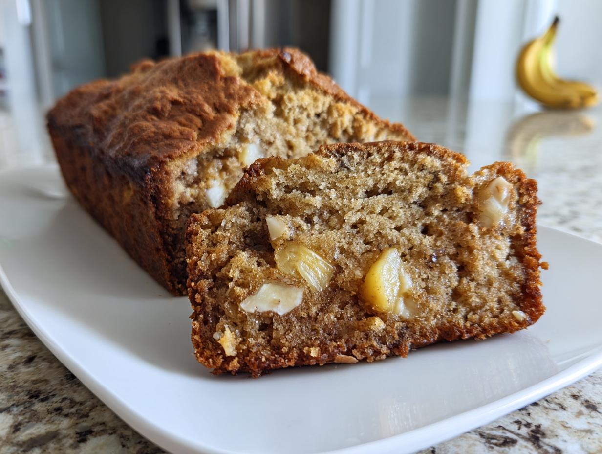 Close-up of a moist slice of hawaiian banana bread showing chunks of nuts, with the rest of the loaf behind it.