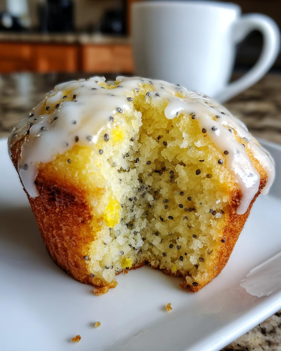 Close-up of a moist lemon poppy seed muffins half-eaten, showing the crumb texture and lemon glaze.