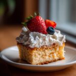 A close-up of a moist slice of tres leches cake topped with whipped cream, a whole strawberry, and a blueberry.