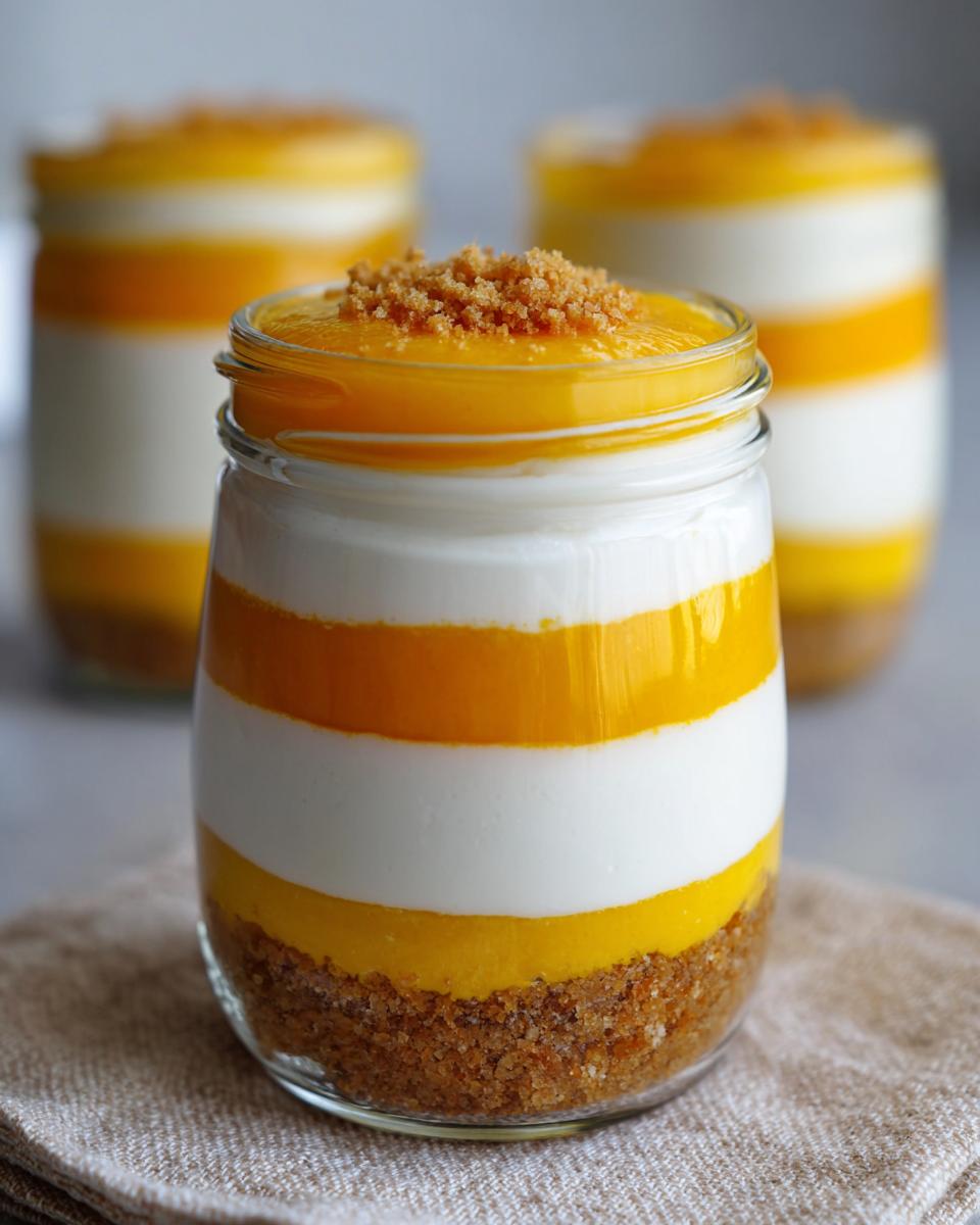 Close-up of a no-bake high-protein candy corn cheesecake jar showing distinct orange and white layers with a crumb topping.