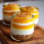 Close-up of no-bake high-protein candy corn cheesecake jars showing distinct layers of crust, white filling, and orange/yellow topping.