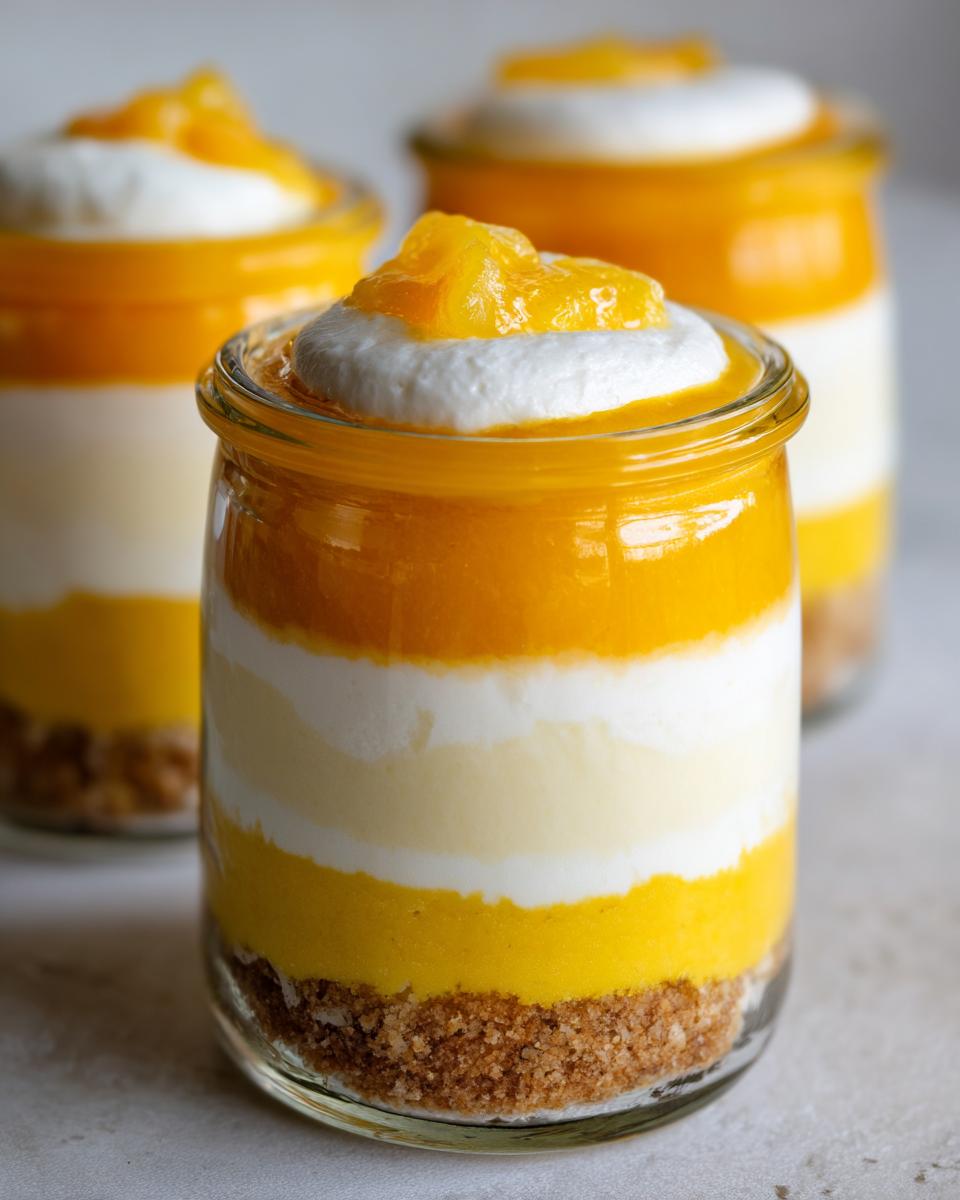 Close-up of a layered no-bake high-protein candy corn cheesecake jar showing graham cracker crust, yellow, white, and orange layers, topped with cream.