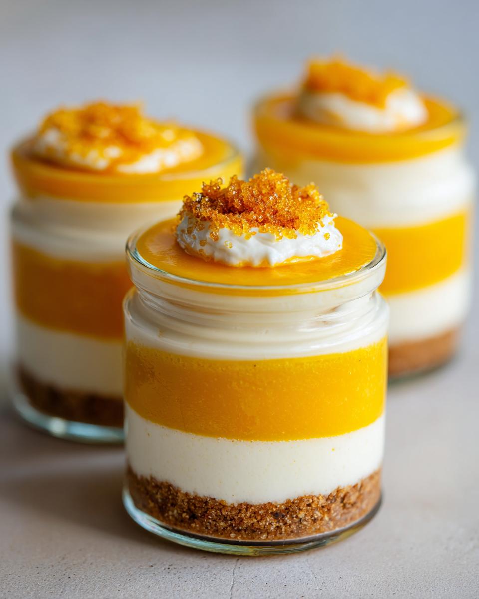 Close-up of a layered no-bake high-protein candy corn cheesecake jar featuring orange, white, and graham cracker layers.