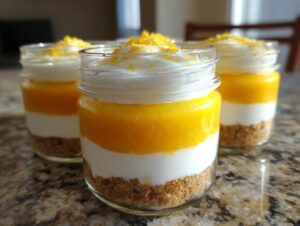 Three layered no-bake high-protein candy corn cheesecake jars featuring a graham cracker crust, white layer, and bright orange layer, topped with whipped cream.