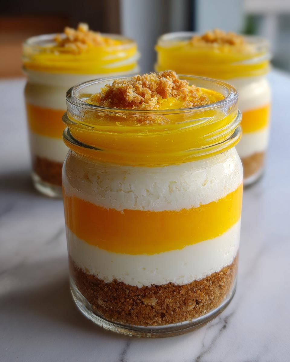 Close-up of a no-bake high-protein candy corn cheesecake jar showing layers of crust, white filling, orange layer, and topping.