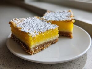 Two bright yellow no-bake lemon bars topped with powdered sugar resting on a white plate.