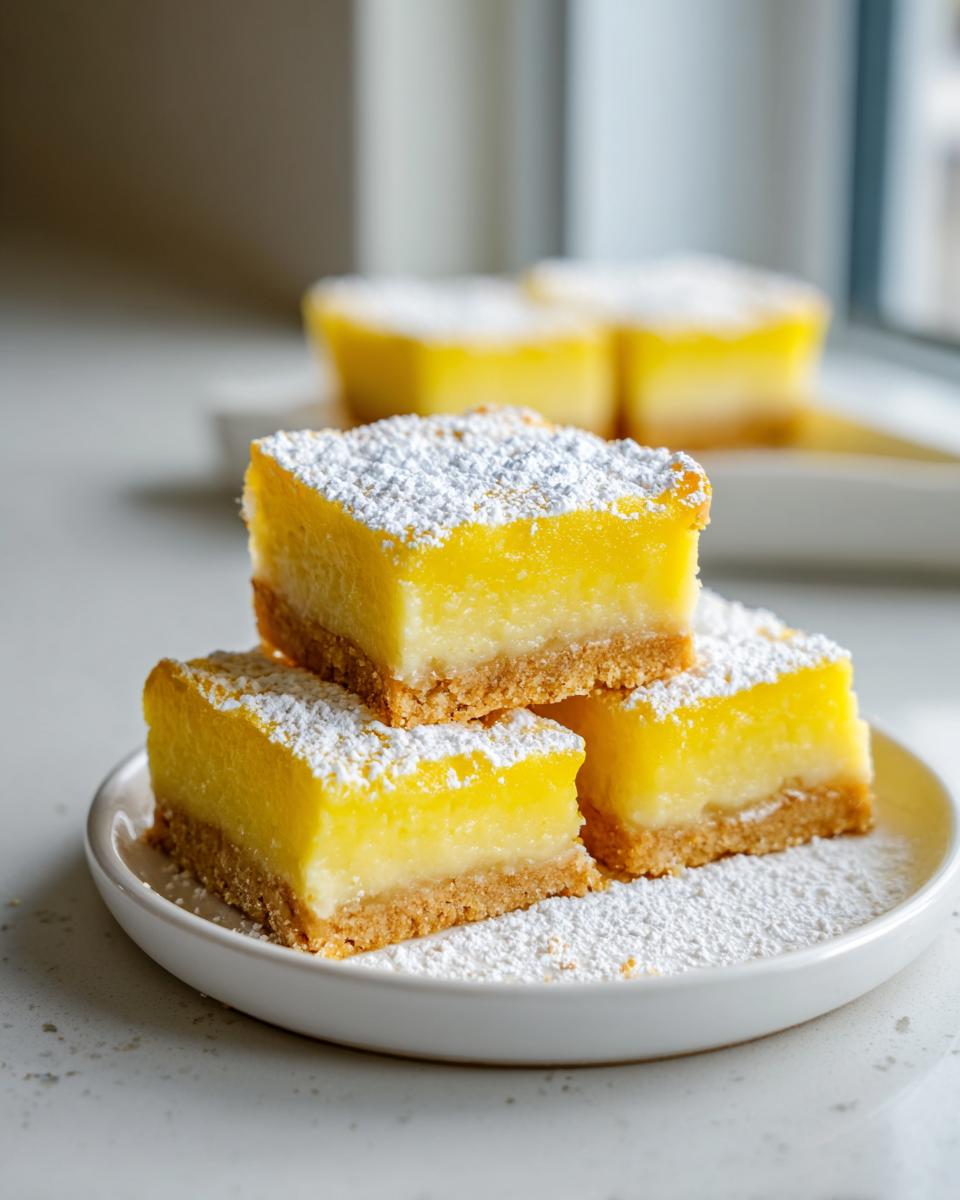 A stack of three bright yellow no-bake lemon bars dusted generously with powdered sugar on a white plate.