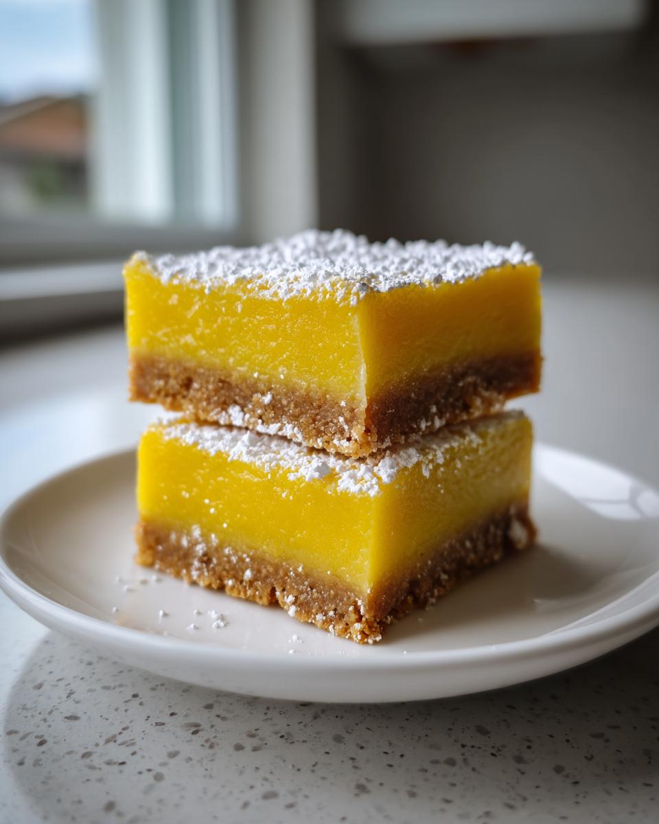 Two stacked squares of bright yellow no-bake lemon bars with a graham cracker crust, dusted generously with powdered sugar.
