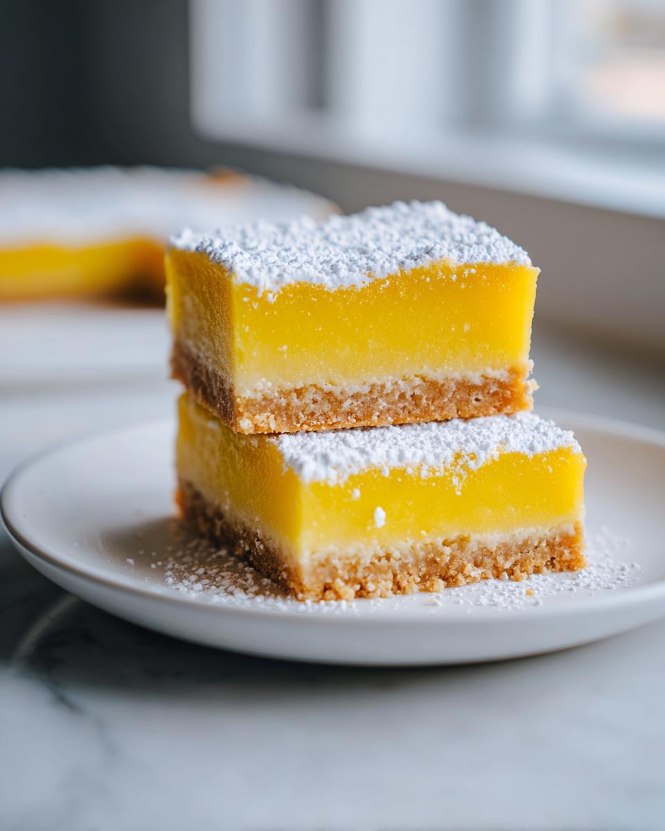 Two stacked squares of bright yellow no-bake lemon bars topped generously with white powdered sugar on a small white plate.