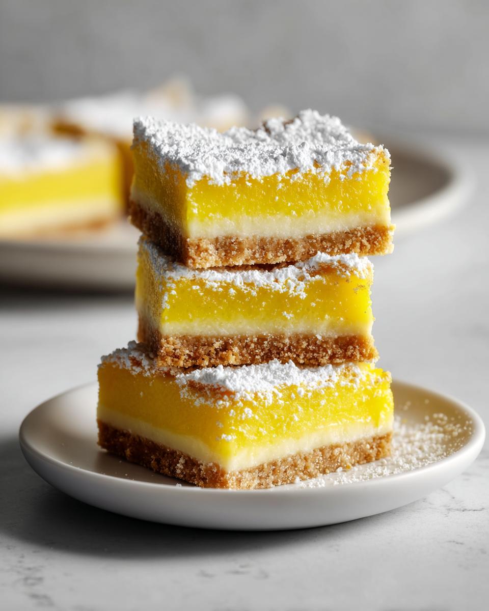 Three stacked squares of bright yellow no-bake lemon bars with a graham cracker crust, dusted heavily with powdered sugar.