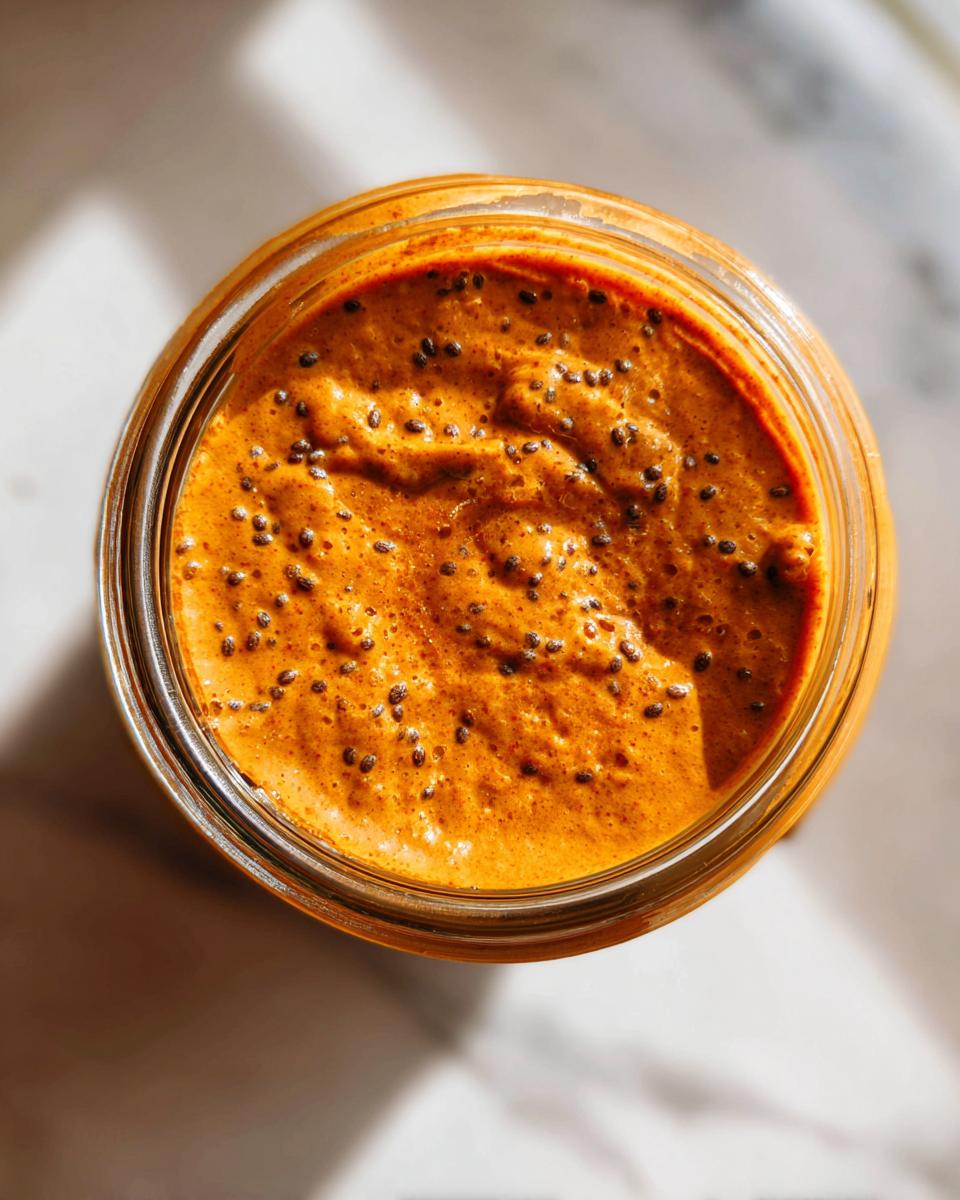 Overhead view of thick, orange pumpkin spice chia seed pudding with visible chia seeds in a glass jar.