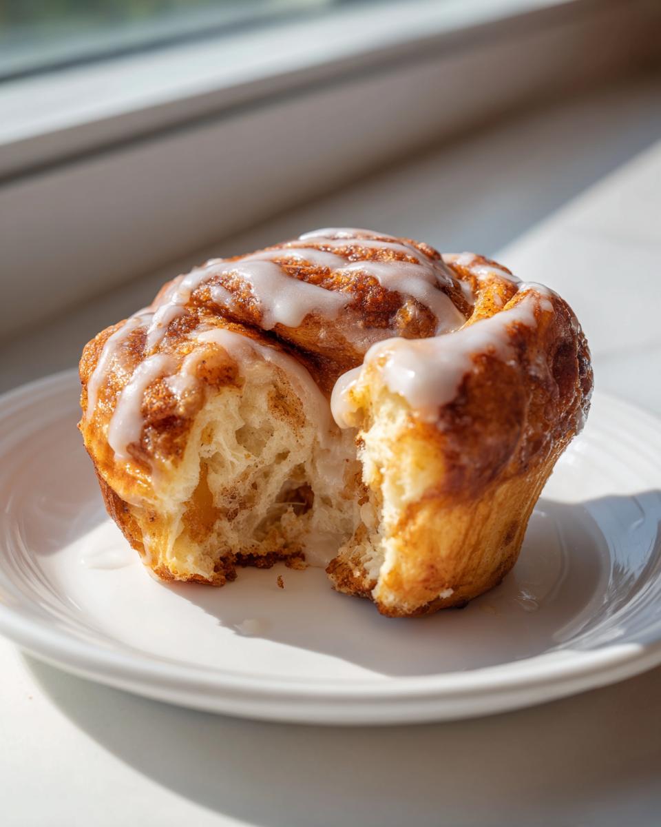 A close-up of a fluffy, golden-brown peach cruffin with a bite taken out, drizzled with white glaze.