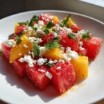 Close-up of a refreshing peach watermelon salad topped with crumbled feta cheese and fresh mint leaves.