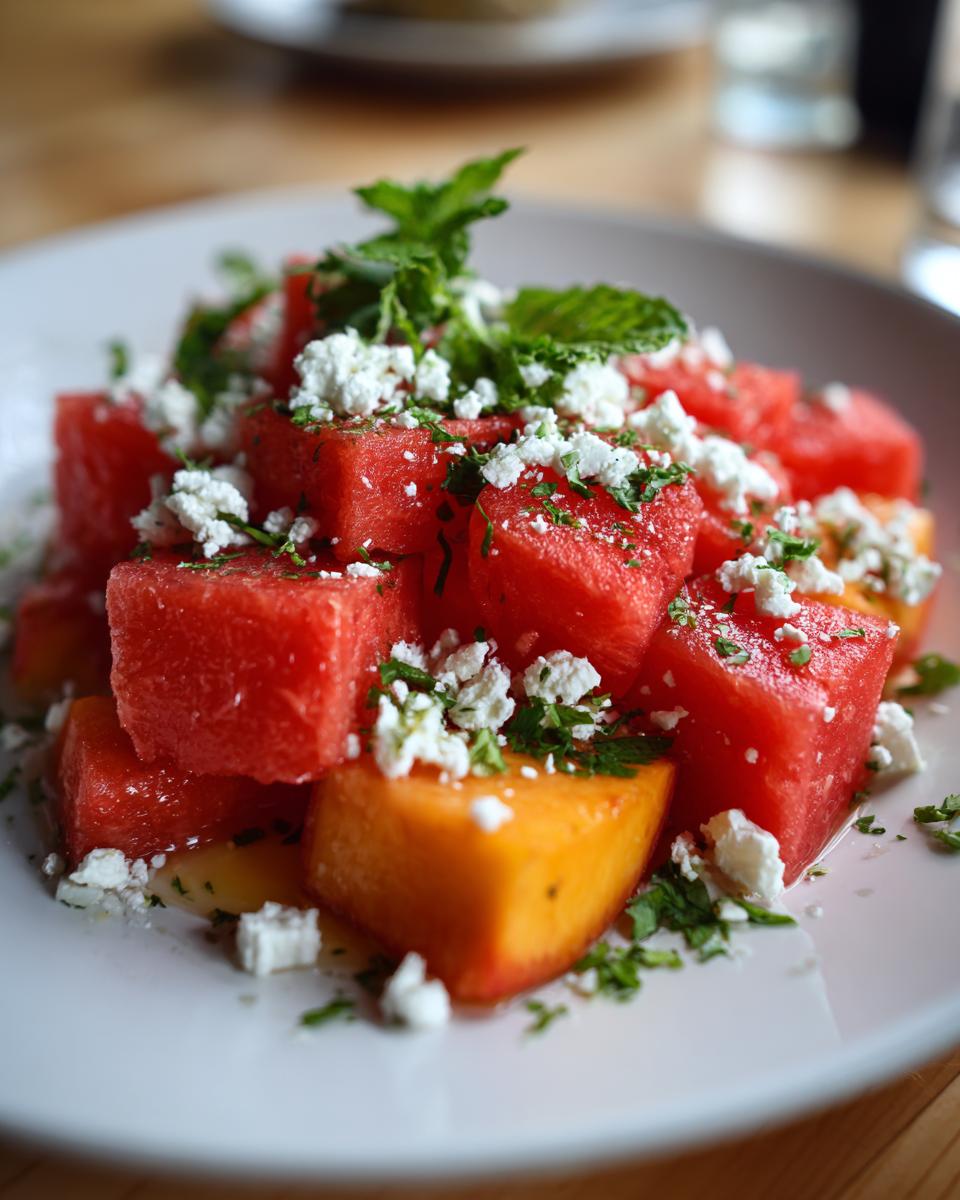 Close-up of a refreshing peach watermelon salad featuring cubes of red watermelon, orange peach, crumbled feta cheese, and fresh mint.
