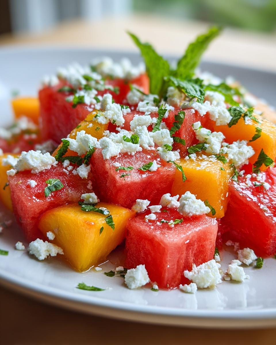 Close-up of a vibrant peach watermelon salad topped with crumbled feta cheese and fresh mint.