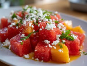 Close-up of juicy watermelon and peach cubes topped with crumbled feta cheese and fresh mint in a peach watermelon salad.