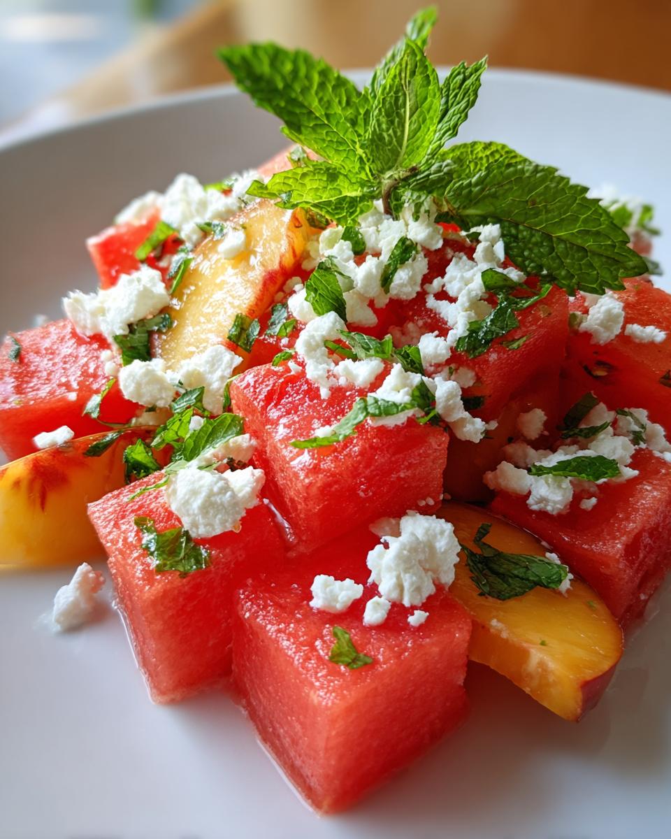 Close-up of a vibrant peach watermelon salad featuring cubed watermelon, sliced peaches, crumbled feta, and fresh mint leaves.
