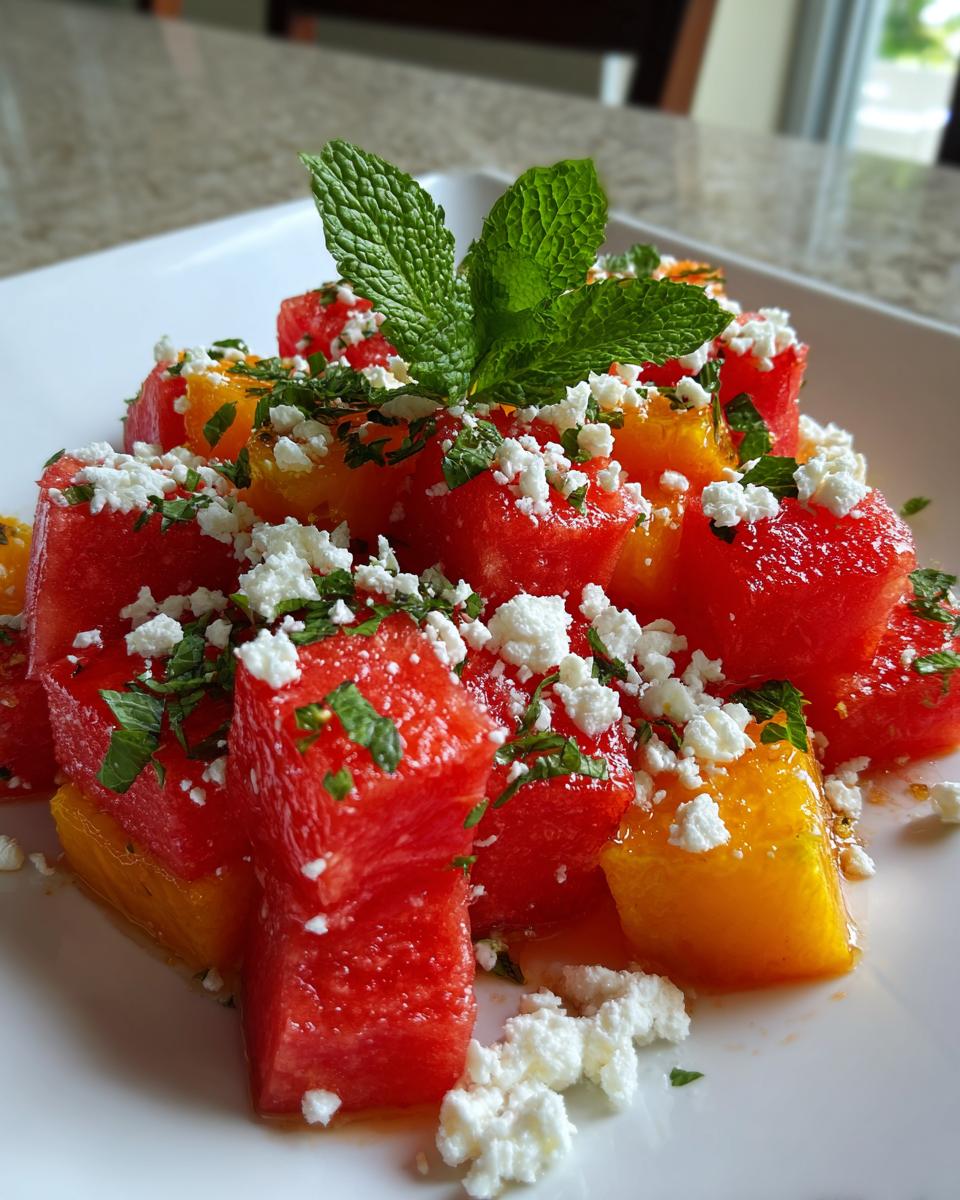 Close-up of vibrant peach watermelon salad cubes topped with crumbled feta cheese and fresh mint leaves.