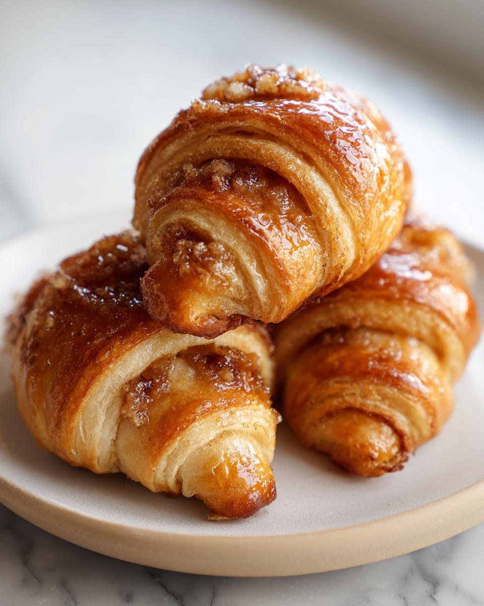 Three golden brown pecan pie crescents, glazed and topped with nuts, stacked on a light plate.