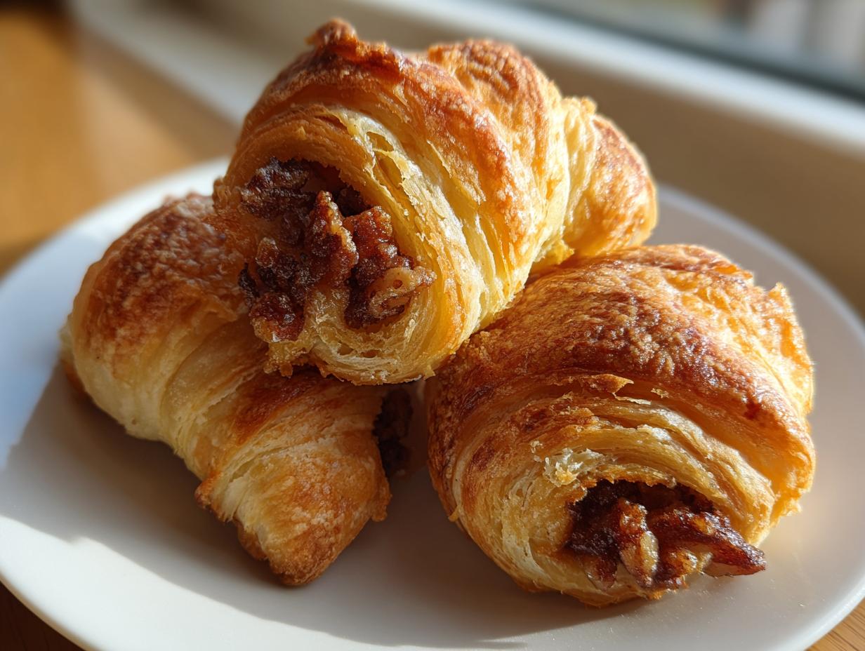 Three golden-brown, flaky pecan pie crescents stacked on a white plate, showing the sweet pecan filling.