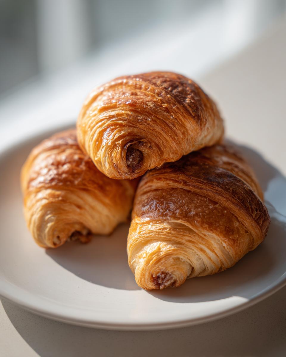Three golden-brown pecan pie crescents stacked on a white plate, showing flaky layers.
