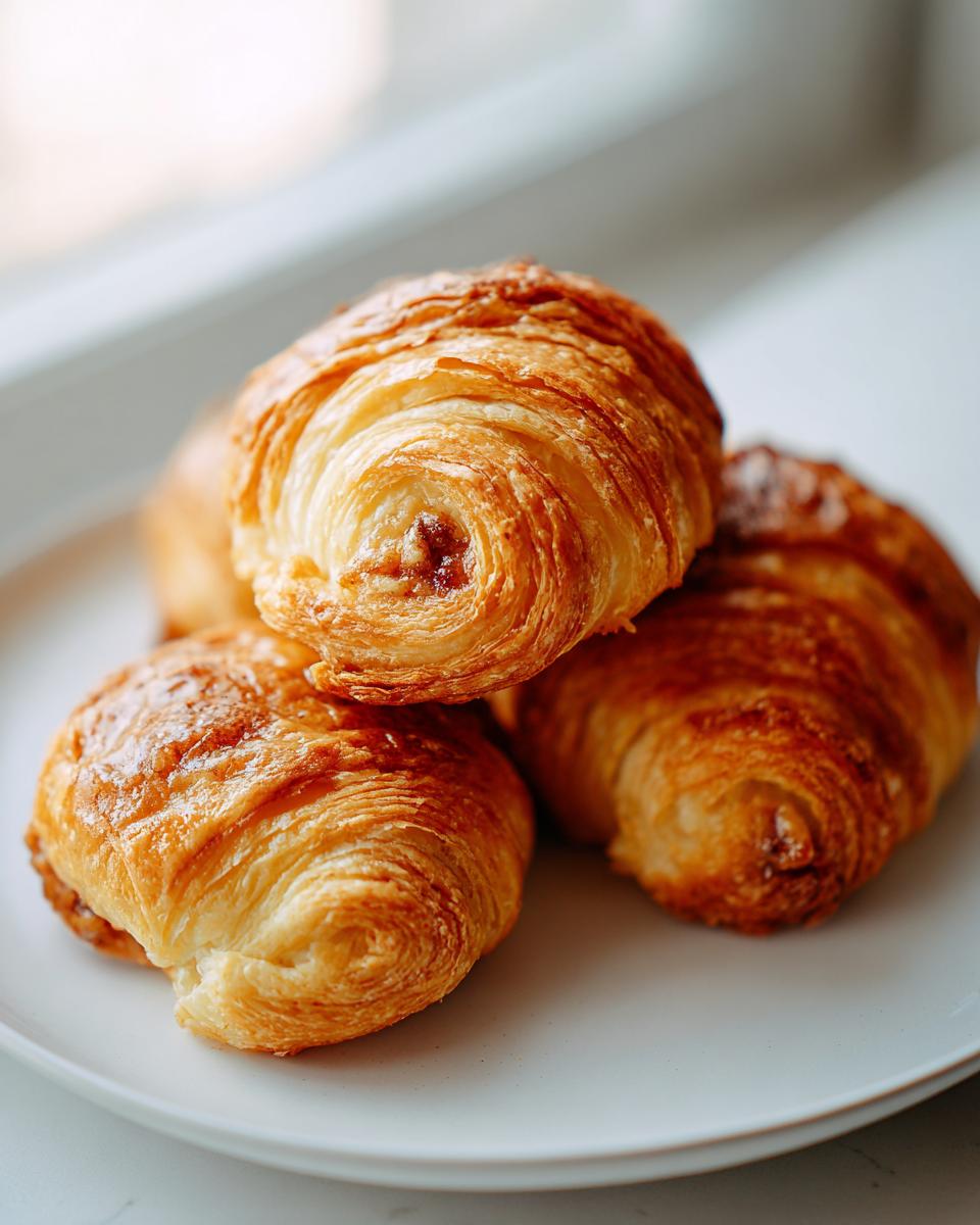 A close-up of several golden brown pecan pie crescents stacked on a light plate.