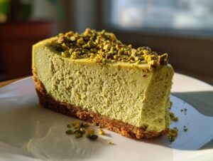 A close-up of a thick slice of light green pistachio cheesecake with a graham cracker crust, topped with chopped pistachios.