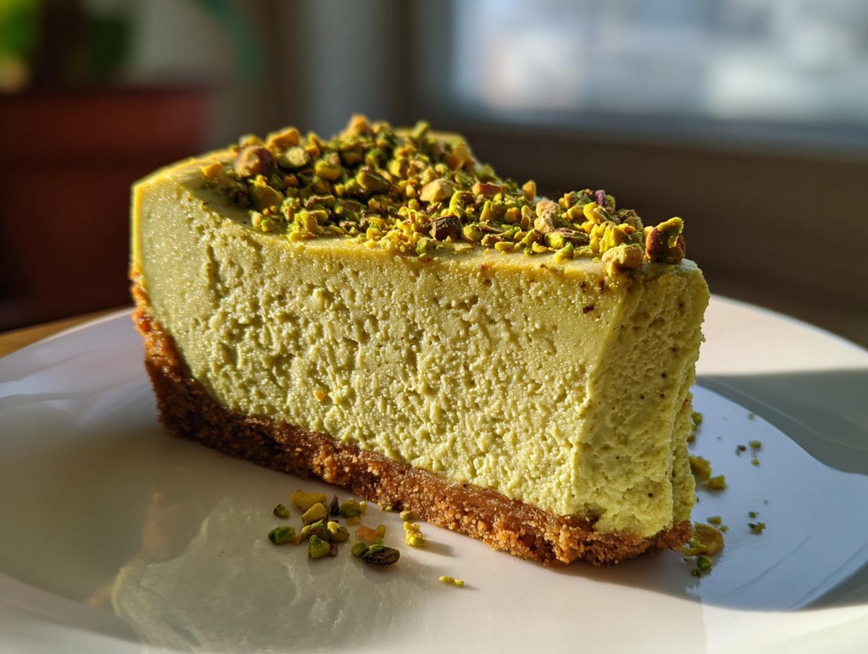 A close-up of a thick slice of light green pistachio cheesecake with a graham cracker crust, topped with chopped pistachios.
