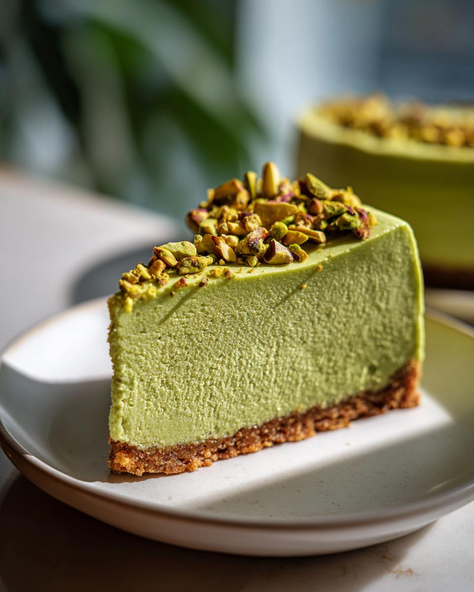 A close-up of a rich, green slice of pistachio cheesecake with a graham cracker crust, topped with chopped pistachios.