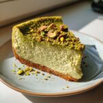 A close-up of a perfect slice of pistachio cheesecake on a light blue plate, generously topped with crushed and whole pistachios.
