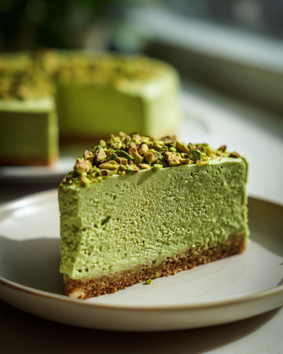 A close-up slice of vibrant green pistachio cheesecake with a thick crust, topped generously with chopped pistachios.