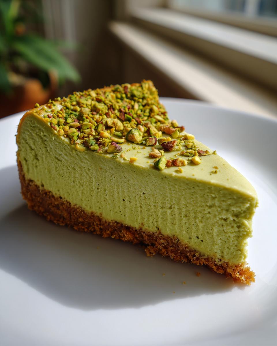A perfect slice of vibrant green pistachio cheesecake with a thick graham cracker crust, topped with chopped pistachios.