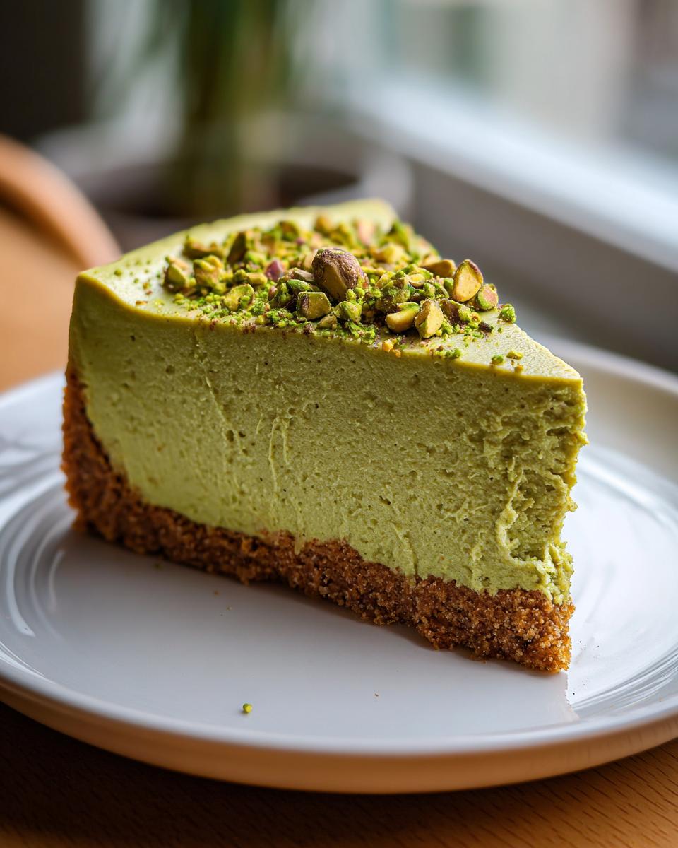 A perfect slice of vibrant green pistachio cheesecake with a graham cracker crust, topped generously with chopped pistachios.