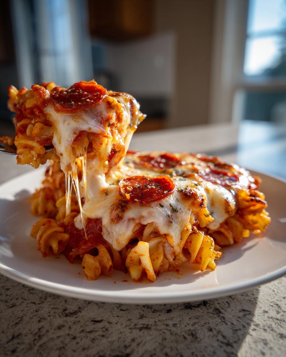 A serving of pizza pasta bake being lifted, showing a dramatic cheese pull over the saucy pasta and pepperoni topping.