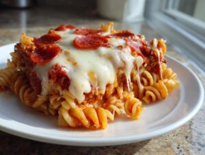 A close-up of a serving of pizza pasta bake featuring rotini pasta, tomato sauce, melted mozzarella, and pepperoni slices.