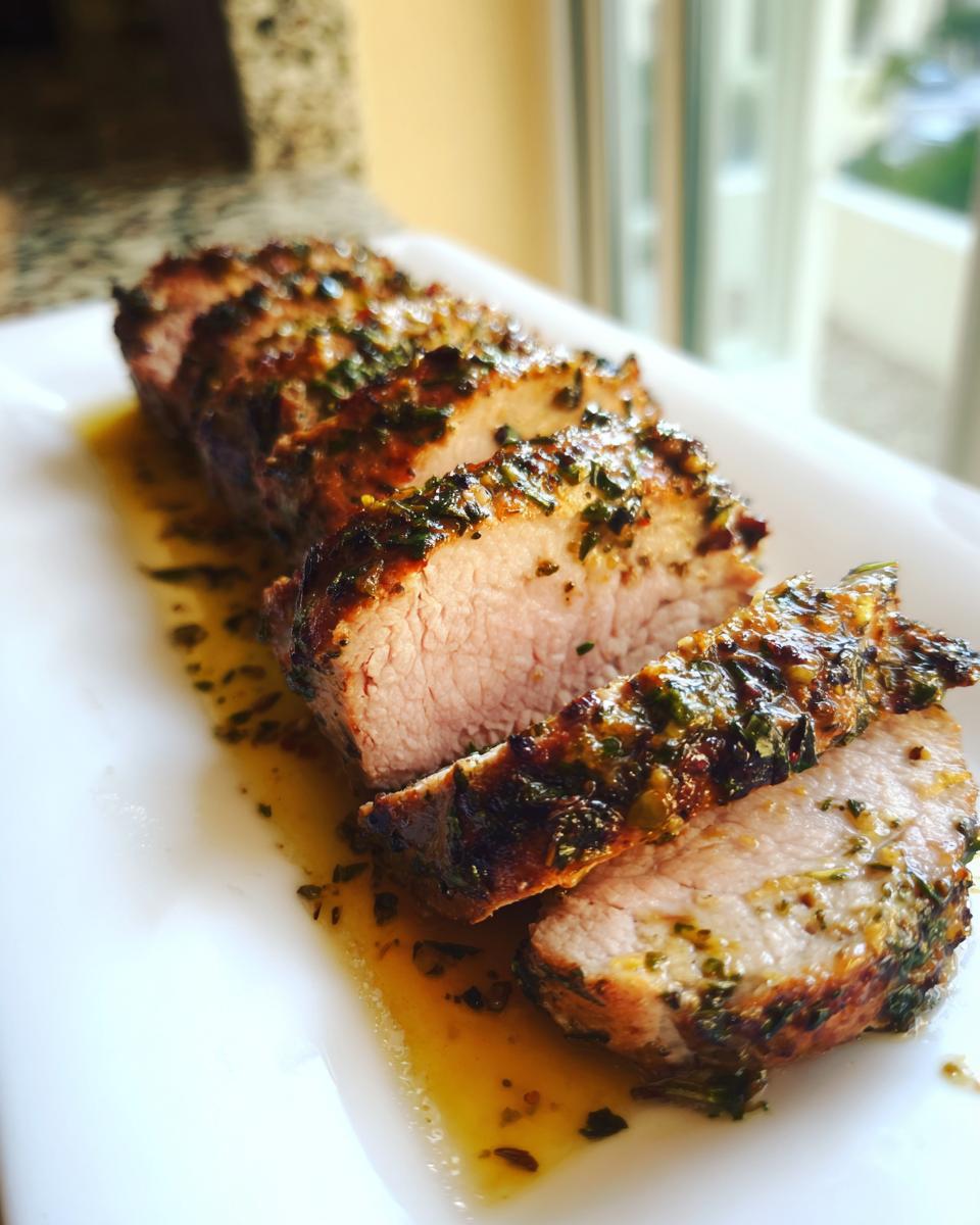 Close-up of a sliced, herb-crusted pork tenderloin resting in its juices, showcasing the perfectly cooked interior.