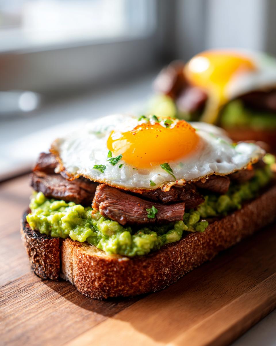 A close-up of delicious prime rib and eggs avocado toast on toasted sourdough bread, topped with a sunny-side-up egg.