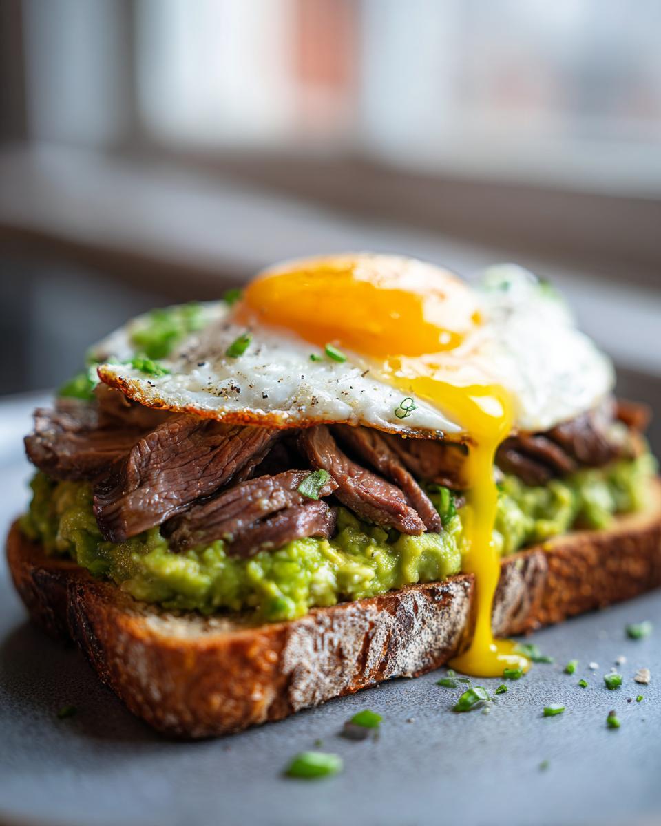 Close-up of prime rib and eggs avocado toast, featuring sliced steak, mashed avocado, and a sunny-side-up egg with yolk dripping.